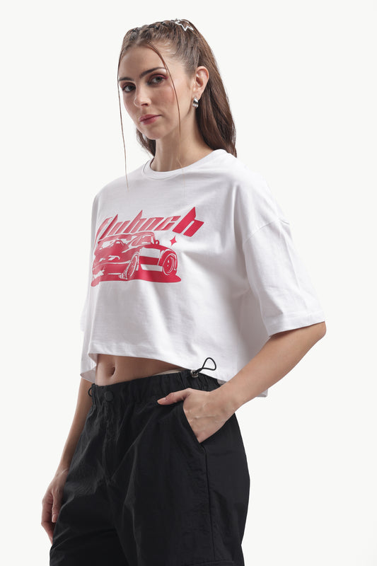 FLYHOCH PORSCHE WHITE AND PINK OVERSIZED CROP T SHIRT
