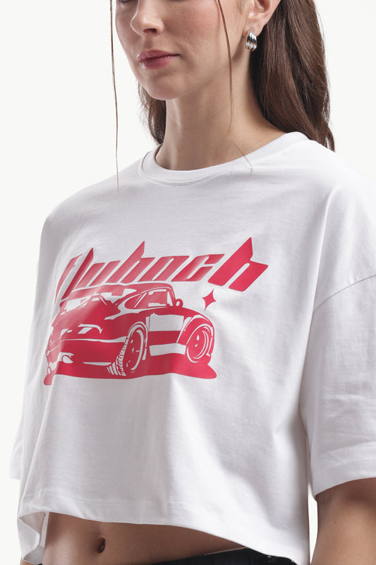 FLYHOCH PORSCHE WHITE AND PINK OVERSIZED CROP T SHIRT