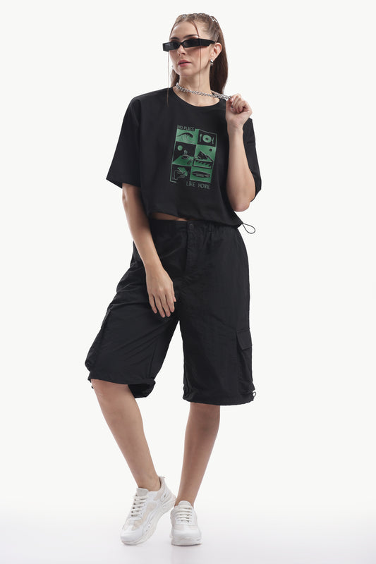 BLACK OVERSIZED CROP T SHIRT WOMEN NO PLACE LIKE HOME
