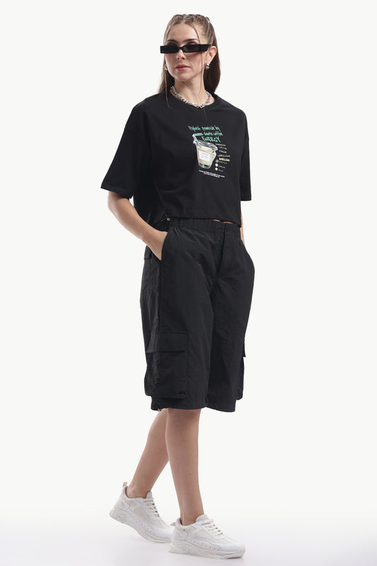 BLACK OVERSIZED CROP T SHIRT WOMEN FLYHOCH CHAOTIC COFEE ENERGY