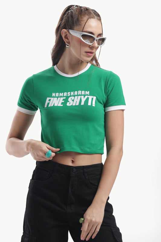 NAMASKARAN FYN SHIT GREEN BABY TEE WITH PIPING
