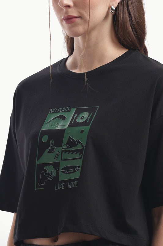 BLACK OVERSIZED CROP T SHIRT WOMEN NO PLACE LIKE HOME