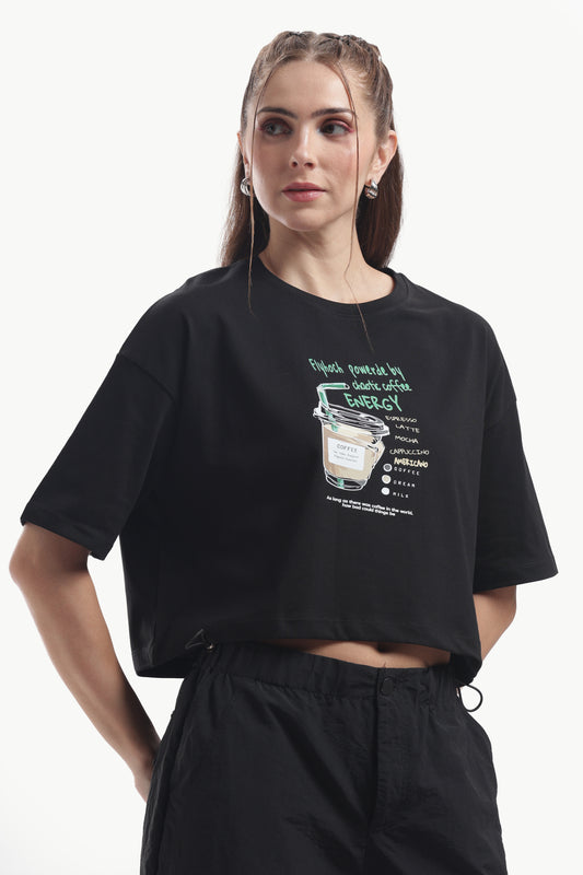 BLACK OVERSIZED CROP T SHIRT WOMEN FLYHOCH CHAOTIC COFEE ENERGY