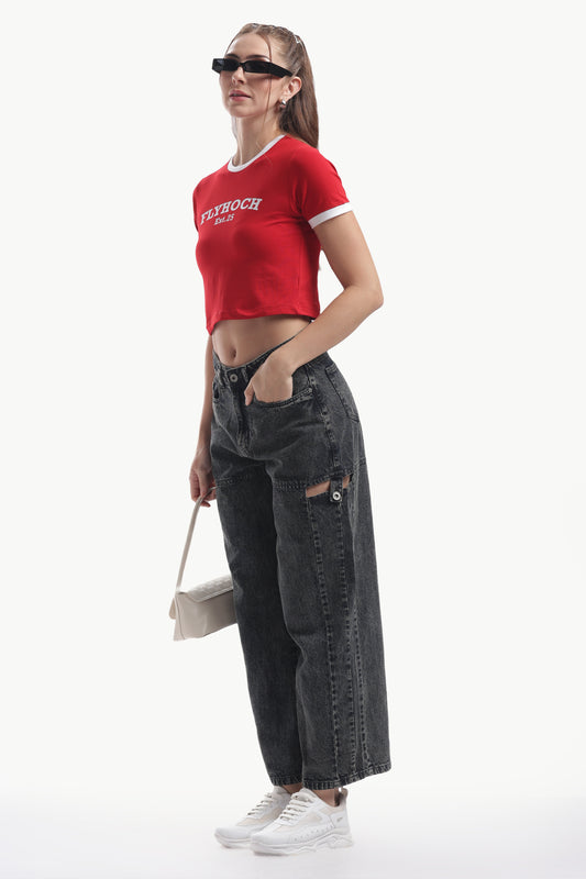 BABY TEE WITH PIPING   RED FLYHOCH EST 25