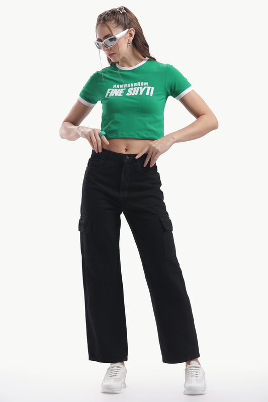 NAMASKARAN FYN SHIT GREEN BABY TEE WITH PIPING