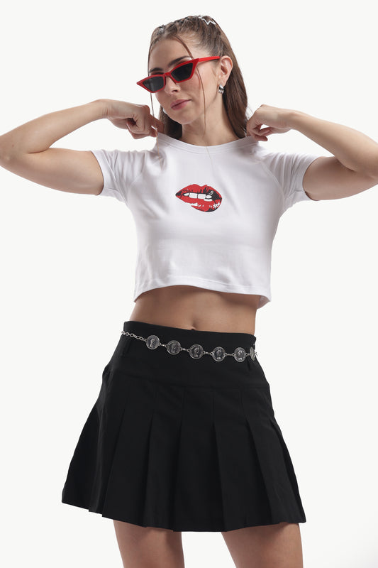 LIP PRINTED WHITE BABY TEE REGLAN