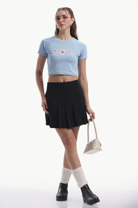 FLOWER PRINTED LIGHT BLUE BABY TEE REGLAN SLEEVE