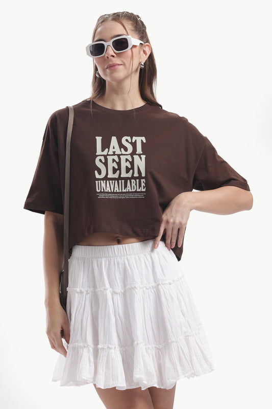 LAST SEEN UNAVAILABLE BROWN OVERSIZED CROP T SHIRT FOR WOMEN